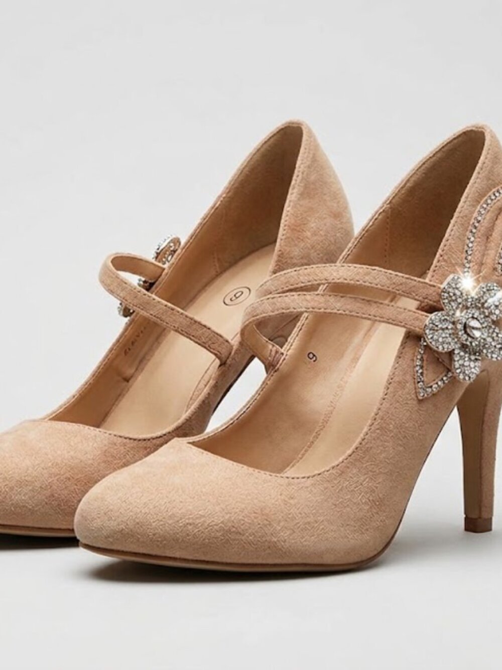 Mila Lady Tan Suede Rhinestone Floral Strappy Heels Size 9